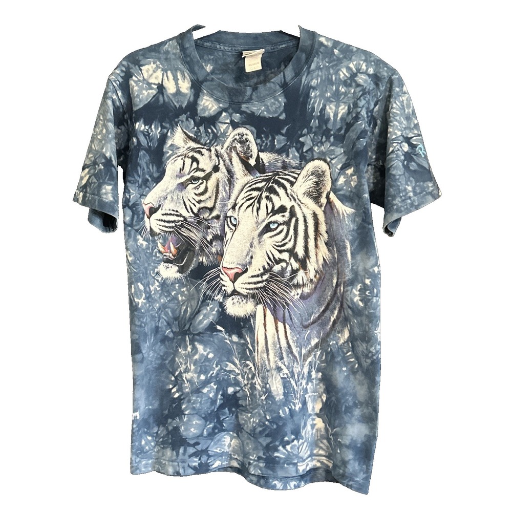 Vintage Rainforest Cafe Graphic White Tiger Shirt  Blue Tie Dye Medium USA